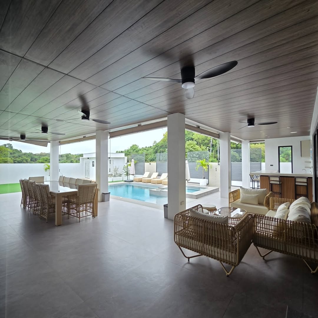 Open-air pavilion with full pool area view